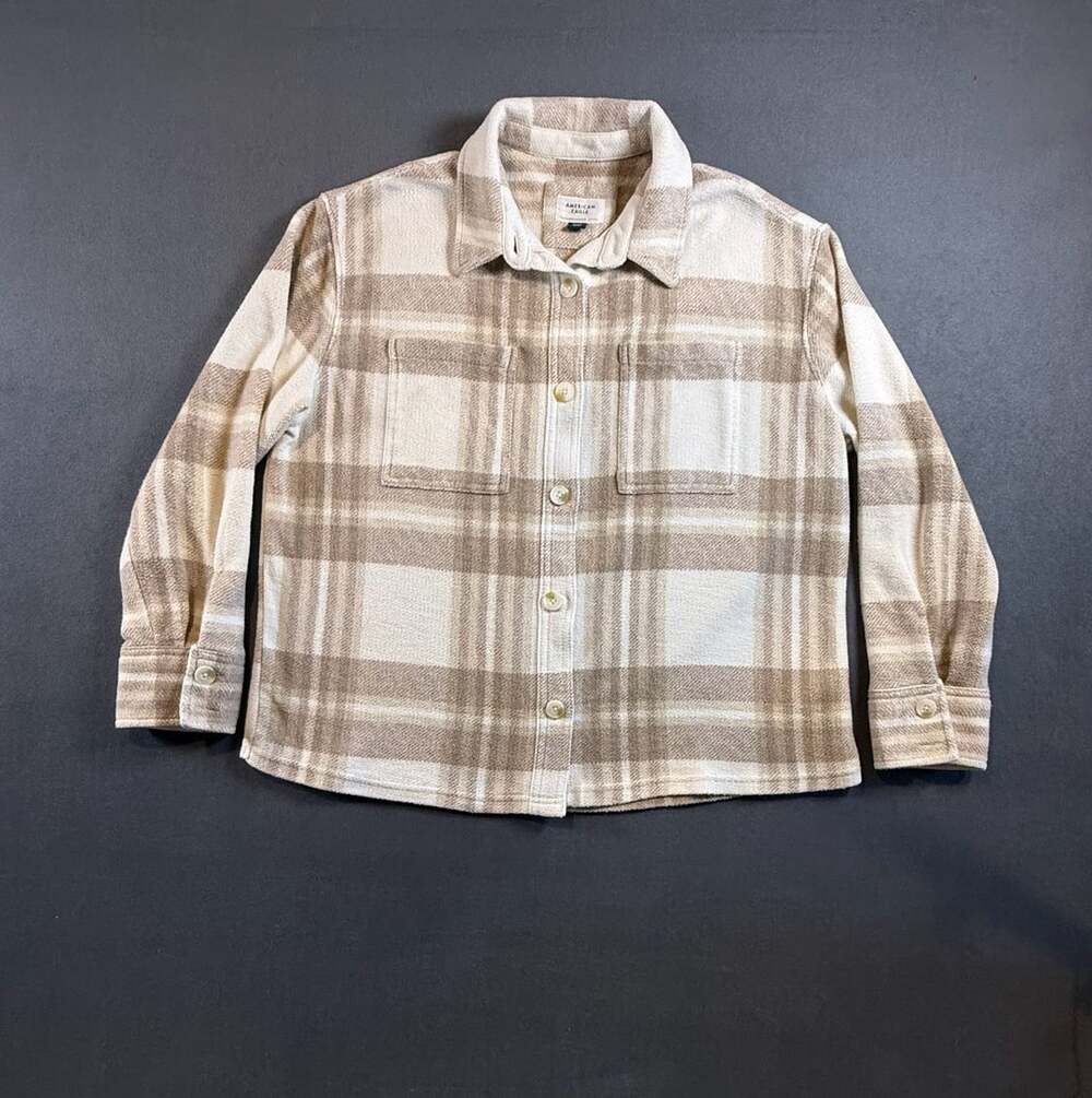 American Eagle Fleece Plaid Shacket Size M Brown Cream Button Up